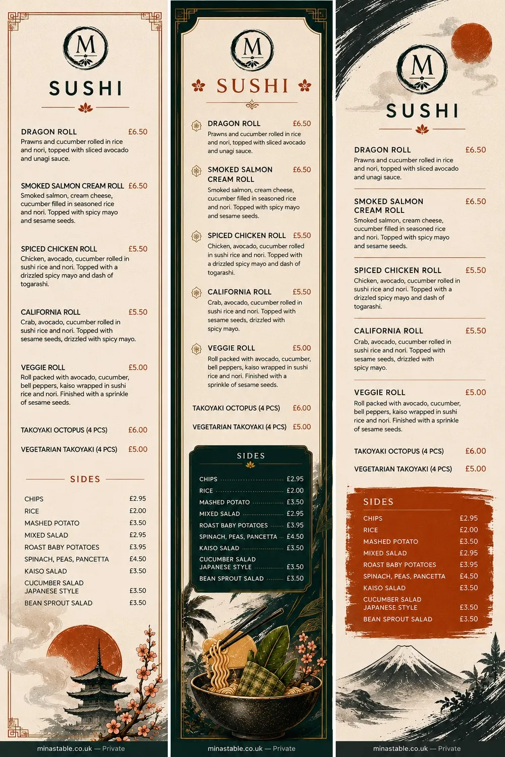 Three printed sushi menu designs for Mina's Table shown side by side.